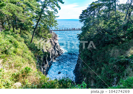 秋晴れの城ヶ崎海岸に架かる門脇吊橋と相模灘2　静岡県伊東市 104274269