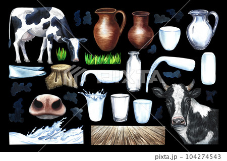 Dairy products set. ceramic and glassware, cows and milk splashes. Watercolor hand drawn illustration isolated on black background. Clipart. For the design of advertising of dairy products, packaging. 104274543