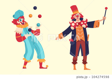 Clowns. Cartoon jokers and jesters comedians with funny faces.Circus artists performing tricks. Cute jugglers entertaining children at birthday party or carnival shows. Vector characters set Clowns. Cartoon jokers and jesters comedians with funny faces.Circus artists performing tricks. Cute jugglers entertaining children at birthday party or carnival shows. Vector characters set 104274598