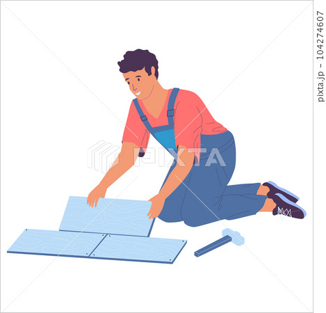 Home repair. Cartoon worker making renovation. Professional builder. Man laying floor tiles. Workman in overalls. Apartment interior. Flooring improvement. Vector house building work 104274607