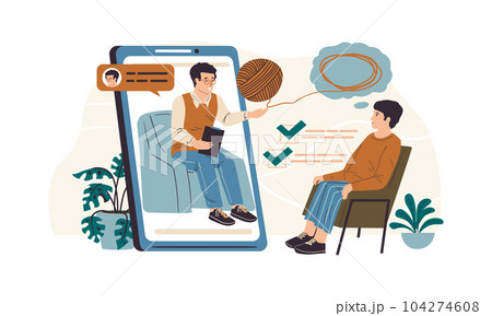 Online therapy. Psychologist counseling. Web psychology therapist support. Cartoon psychotherapist communication with patient using smartphone. Mental help treatment. Vector illustration 104274608