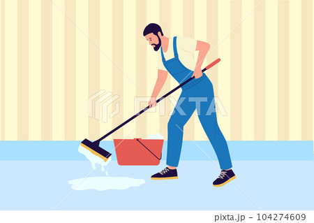Housekeeper mopping floor. Cleaning service worker. Mop and bucket. Home wet cleanup. Man in overalls. Apartment washing. House chores. Professional maid. Vector housekeeping illustration 104274609