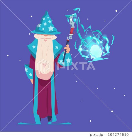 Wizard cartoon. Magic character with with magic staff, old man with grey beard, in robe and hat, sorcerer and alchemist, mystery spell or sorcery, witchcraft mascot, vector illustration Wizard cartoon. Magic character with with magic staff, old man with grey beard, in robe and hat, sorcerer and alchemist, mystery spell or sorcery, witchcraft mascot, vector illustration 104274610