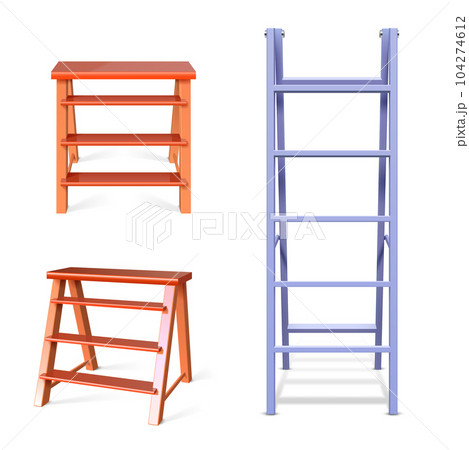 Ladder construction. Realistic wooden and metal staircase equipment. 3D building stepladders. Vertical tools for climbing. Household repair instruments with steps. Vector stairways set Ladder construction. Realistic wooden and metal staircase equipment. 3D building stepladders. Vertical tools for climbing. Household repair instruments with steps. Vector stairways set 104274612