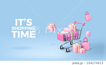 3D shop. Shopping cart. Trolley with holiday present pink boxes. Ecommerce gift bag. Retail or sale render. Online market app concept. Buying purchases. Vector realistic illustration 3D shop. Shopping cart. Trolley with holiday present pink boxes. Ecommerce gift bag. Retail or sale render. Online market app concept. Buying purchases. Vector realistic illustration 104274613