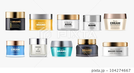 Cream jar. Cosmetic container, packaging bottle with label, realistic body spray, silver or gold luxury package, plastic cap, beauty products side view. Vector branding mockup template 104274667