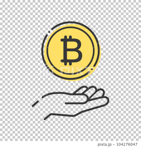 Simple coin with ₿ mark and human hand icon- image of virtual currency such as bitcoin 104276047