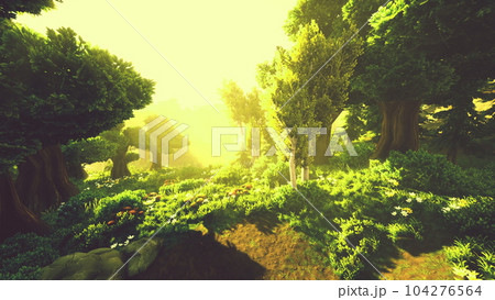 cartoon Sunbeams streaming through the trees cartoon Sunbeams streaming through the trees 104276564