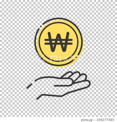 A simple coin with the letter ₩ and a human hand icon- the image of Korean money, won, 원, and won 104277385
