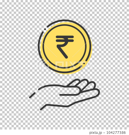 Simple coin with ₹ letter and human hand icon - indian money rupee 104277386