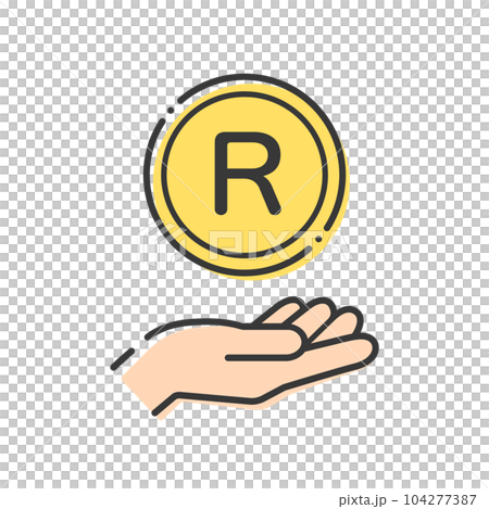 A simple coin with the letter R and a human hand icon - an image of South African money and rand A simple coin with the letter R and a human hand icon - an image of South African money and rand 104277387