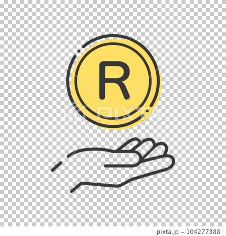 A simple coin with the letter R and a human hand icon - an image of South African money and rand A simple coin with the letter R and a human hand icon - an image of South African money and rand 104277388