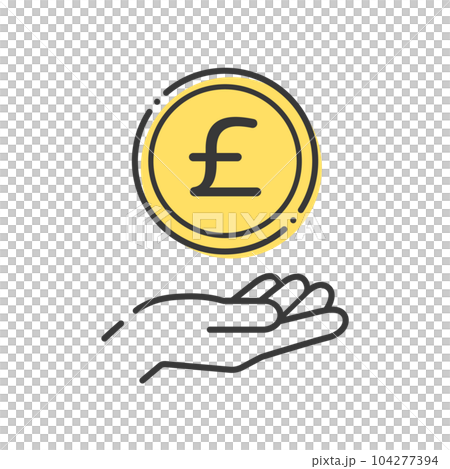 A simple coin with the letter £ and a human hand icon - an image of the British pound 104277394