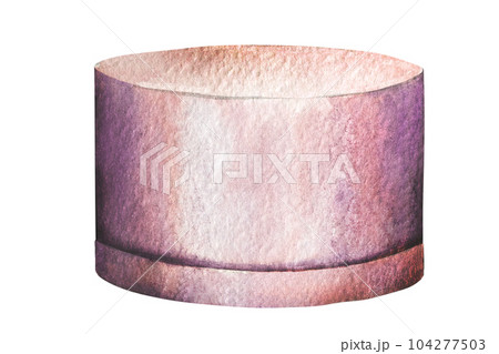 Watercolor illustration of a beautiful round pink gift box with a bow on a white background 104277503