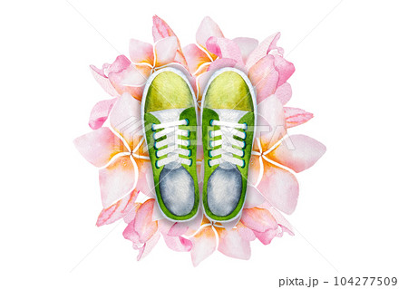 Watercolor illustration of a bouquet of plumeria flowers and green gumshoes, plumeria flowers and gumshoes. 104277509