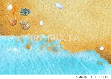Watercolor illustration top view sand beach ,shells,blue wave.Beautiful postcard or background 104277510