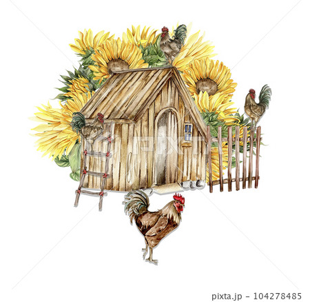 Watercolor composition of cock and truck. Hand drawn rooster, artistic painting illustration of fowl. Watercolor illustration of hen. Perfect for wedding invitation, greetings card, posters. 104278485