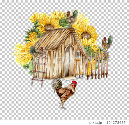 Watercolor composition of cock and truck. Hand drawn rooster, artistic painting illustration of fowl. Watercolor illustration of hen. Perfect for wedding invitation, greetings card, posters. 104278485