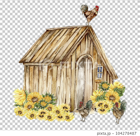 Watercolor composition of cock and truck. Hand drawn rooster, artistic painting illustration of fowl. Watercolor illustration of hen. Perfect for wedding invitation, greetings card, posters. 104278487