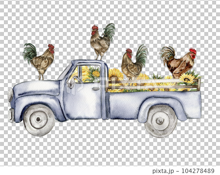 Watercolor composition of cock and truck. Hand drawn rooster, artistic painting illustration of fowl. Watercolor illustration of hen. Perfect for wedding invitation, greetings card, posters. Watercolor composition of cock and truck. Hand drawn rooster, artistic painting illustration of fowl. Watercolor illustration of hen. Perfect for wedding invitation, greetings card, posters. 104278489