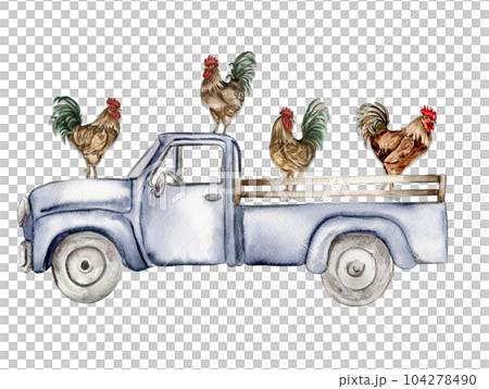 Watercolor composition of cock and truck. Hand drawn rooster, artistic painting illustration of fowl. Watercolor illustration of hen. Perfect for wedding invitation, greetings card, posters. 104278490