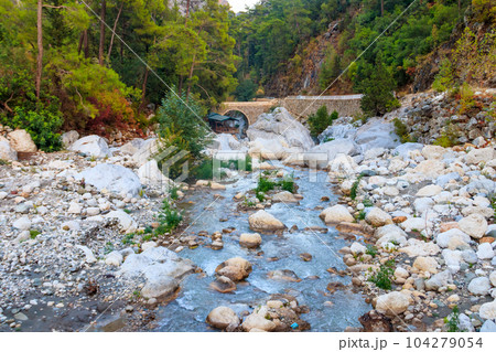Ancient stone bridge across a mountain river in Kesme Bogaz canyon, Antalya province in Turkey Ancient stone bridge across a mountain river in Kesme Bogaz canyon, Antalya province in Turkey 104279054