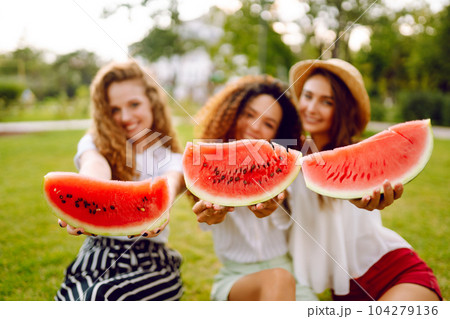 Cheerful happy friends camping on the grass, eating watermelon, laughing. Cheerful happy friends camping on the grass, eating watermelon, laughing. 104279136