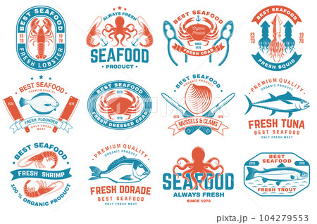 Set of best seafood badges. Fresh tuna, octopus, trout, shrimp, dressed crab, mussels and clams. Vector. For seafood emblem, sign, patch, shirt, menu restaurants with tuna, trout, shrimp, octopus Set of best seafood badges. Fresh tuna, octopus, trout, shrimp, dressed crab, mussels and clams. Vector. For seafood emblem, sign, patch, shirt, menu restaurants with tuna, trout, shrimp, octopus 104279553
