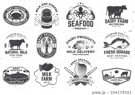 Fresh seafood and rustic milk badge, logo. Vector. Typography design with octopus, shrimp, crab, lobster, dorade, trout, cow, milk farm silhouette. Template for seafood, dairy and milk farm business - 104279581