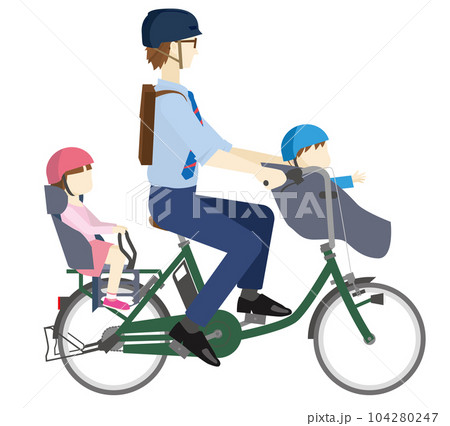 電動アシスト自転車に乗るヘルメットを被ったビジネスマン男性と子供のイラスト・通勤、登園風景 104280247