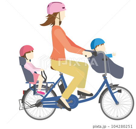 電動アシスト自転車に乗るヘルメットを被った女性と子供のイラスト 104280251