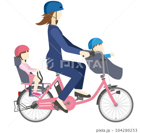 電動アシスト自転車に乗るヘルメットを被ったビジネスマン女性と子供のイラスト通勤、通園 電動アシスト自転車に乗るヘルメットを被ったビジネスマン女性と子供のイラスト通勤、通園 104280253