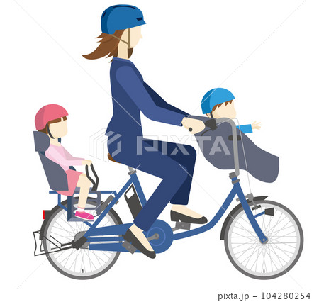 電動アシスト自転車に乗るヘルメットを被ったビジネスマン女性と子供のイラスト通勤、通園 電動アシスト自転車に乗るヘルメットを被ったビジネスマン女性と子供のイラスト通勤、通園 104280254