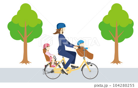 電動アシスト自転車に乗るヘルメットを被ったビジネスマン女性と子供のイラスト通勤、通園風景 電動アシスト自転車に乗るヘルメットを被ったビジネスマン女性と子供のイラスト通勤、通園風景 104280255