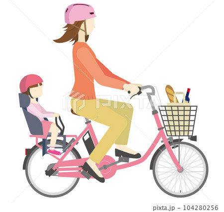 電動アシスト自転車に乗るヘルメットを被った女性と子供のイラスト買い物風景 電動アシスト自転車に乗るヘルメットを被った女性と子供のイラスト買い物風景 104280256