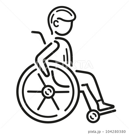Person with disability in wheelchair, human with physical health disorder care, hospital patient seat in medical wheel chair line icon. Public toilet room. Rehabilitation transport equipment. Vector 104280380