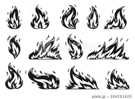 Cartoon campfire flat icon set. Hot flame with sparks on white background. Fiery heat flames wildfire and bonfire, burn power black silhouettes. Various shape blazing fire emoticon. Stencil stamp Cartoon campfire flat icon set. Hot flame with sparks on white background. Fiery heat flames wildfire and bonfire, burn power black silhouettes. Various shape blazing fire emoticon. Stencil stamp 104281420