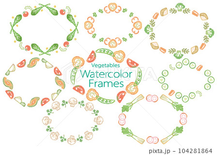 おしゃれな野菜の水彩風イラスト。丸フレームのセット。ベクター素材だからデザインに使いやすい。 104281864