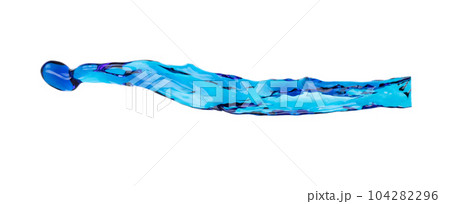 Shape form droplet of blue Water splashes into drop water line tube attack fluttering in air and stop motion freeze shot. Splash blue Water texture graphic resource elements, White background isolated 104282296