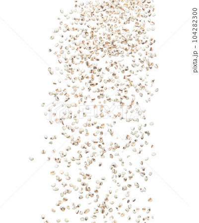 Job's Tear flying explosion, white grain job tear float abstract cloud fly. Beautiful job's tear splash stop in air, food object design. White background isolated high speed shutter freeze motion 104282300