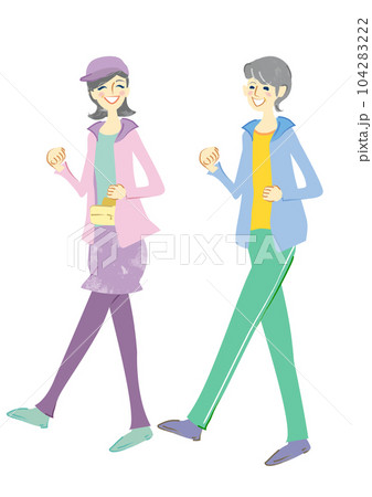 ウォーキングを楽しむ笑顔のシニア人物 女性二人 ウォーキングを楽しむ笑顔のシニア人物 女性二人 104283222