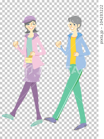 ウォーキングを楽しむ笑顔のシニア人物 女性二人 ウォーキングを楽しむ笑顔のシニア人物 女性二人 104283222