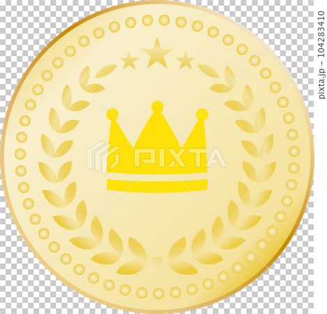 Gold coin medal illustration with laurel and crown 104283410