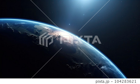 Space planet earth right semicircle shot with blue atmosfera around and light peeking out. Universe science astronomy space dark background wallpaper. High quality illustration 104283621
