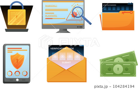 Digital data protection design element set. Cyber security illustration set. Cloud computing network safety concept. 104284194