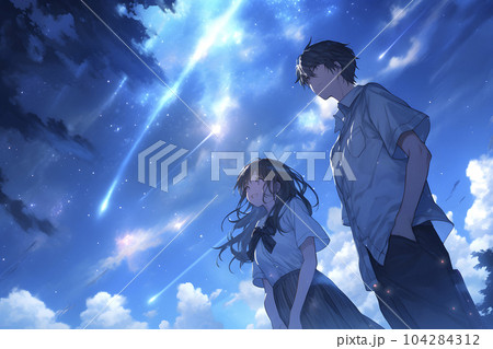 流れ星が落ちる幻想的な夜空を見上げるカップル(Generative AI) 流れ星が落ちる幻想的な夜空を見上げるカップル(Generative AI) 104284312