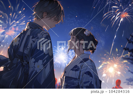 夏祭り　見つめ合うカップル　夜空に花火が打ち上がる（Generative AI） 104284316