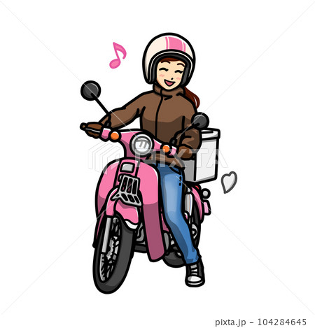 小型バイクにまたがってにっこり笑う女性のイラスト(短距離ツーリング) 小型バイクにまたがってにっこり笑う女性のイラスト(短距離ツーリング) 104284645