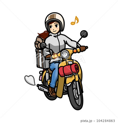 小型バイクでキャンプツーリングをする女性のイラスト 小型バイクでキャンプツーリングをする女性のイラスト 104284863