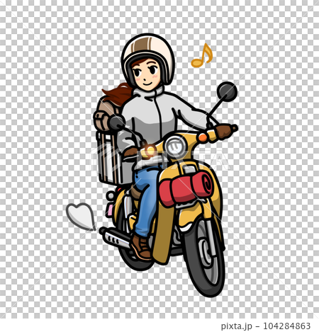 小型バイクでキャンプツーリングをする女性のイラスト 小型バイクでキャンプツーリングをする女性のイラスト 104284863